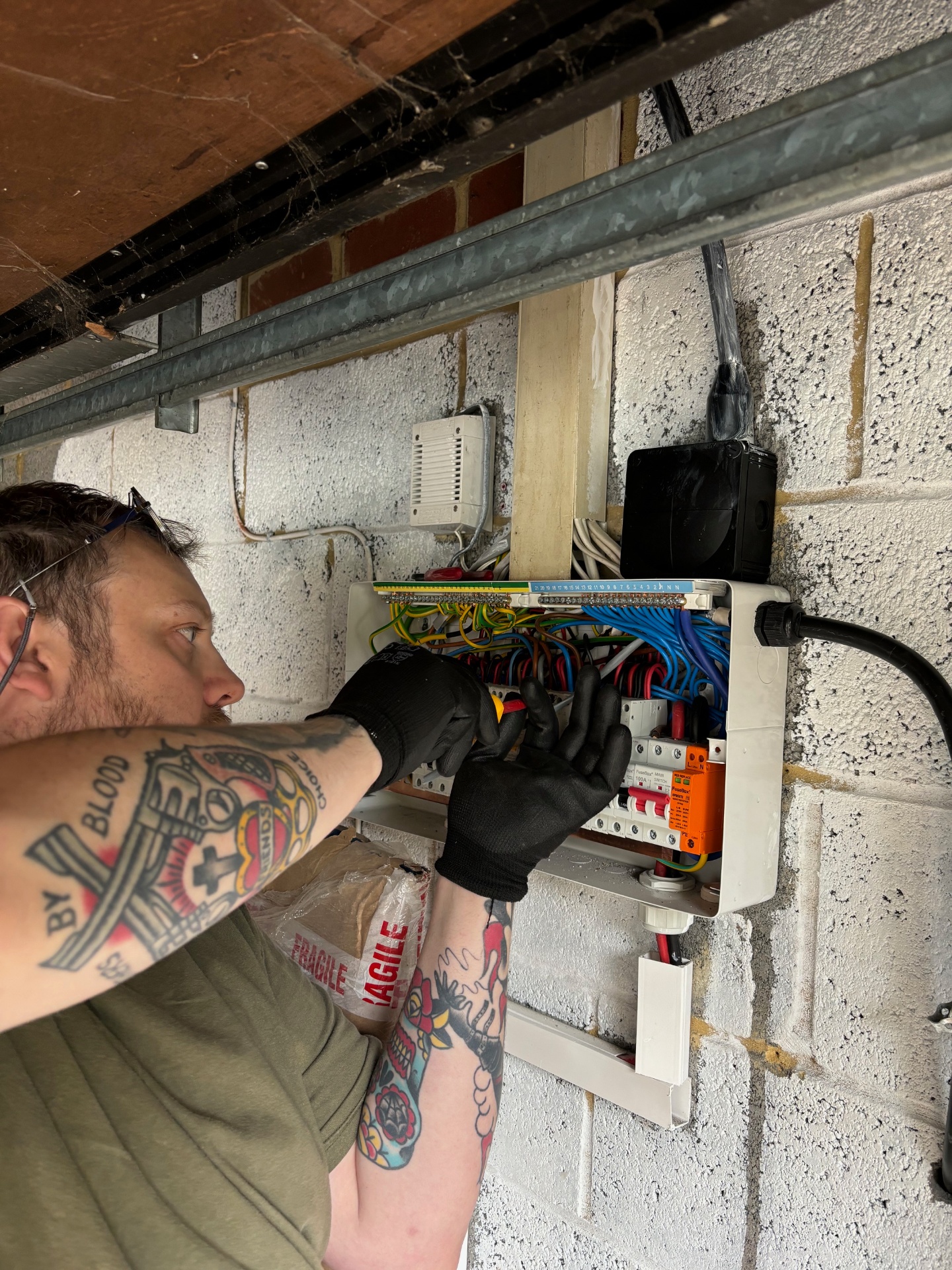 Close-up of professional distribution board work