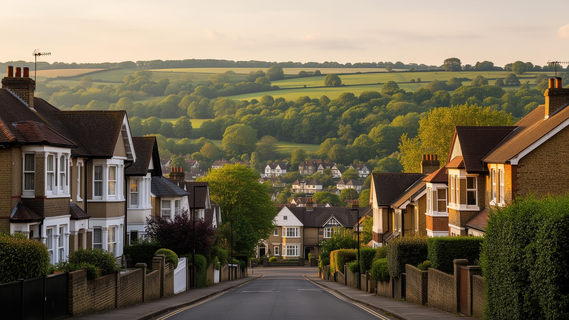 Hillside residential street in Caterham with period homes and views of the North Downs, Surrey