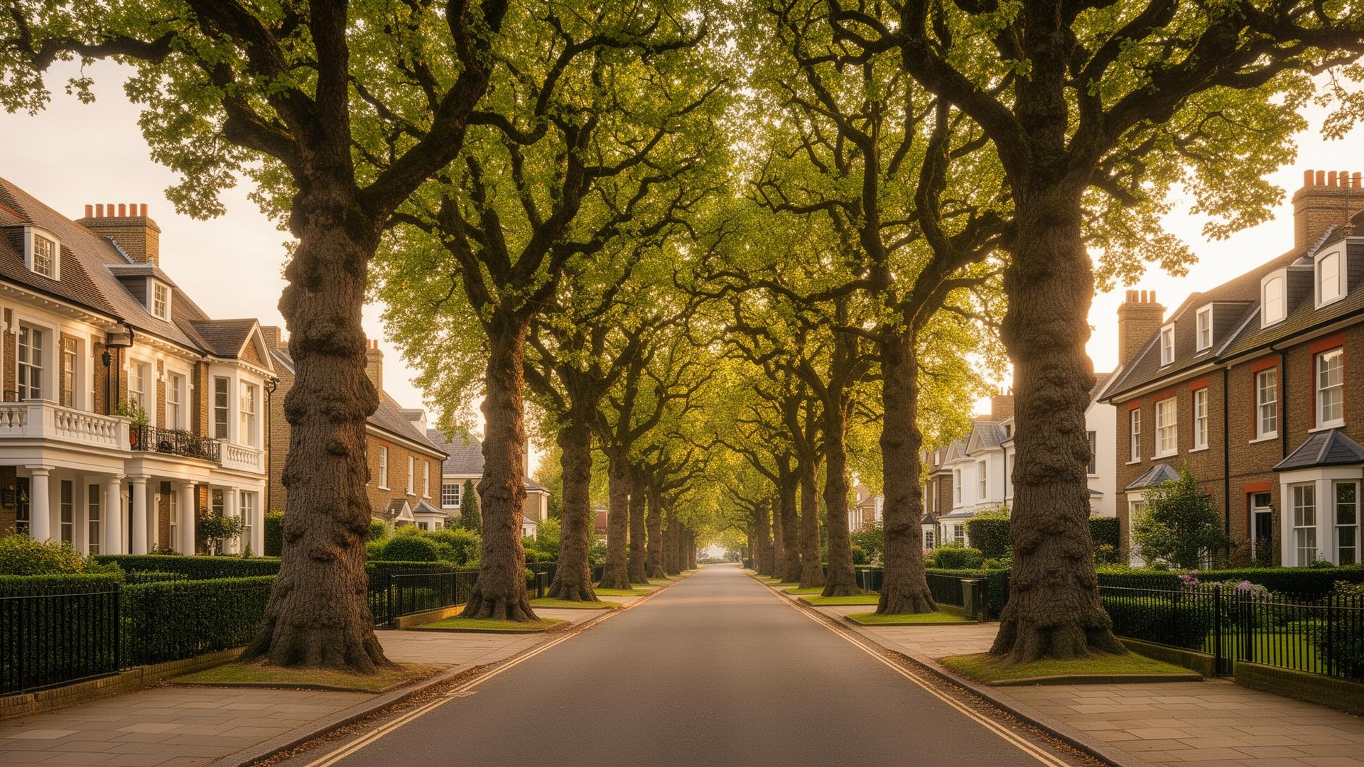 Grand tree-lined avenue with large detached Victorian homes and mature oak trees in Dulwich Village, South London