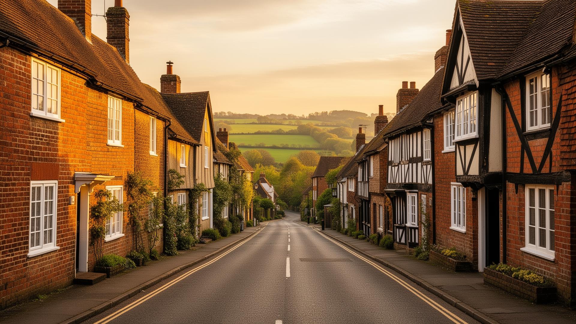 Edenbridge High Street with traditional brick and timber-framed buildings and Kent countryside beyond