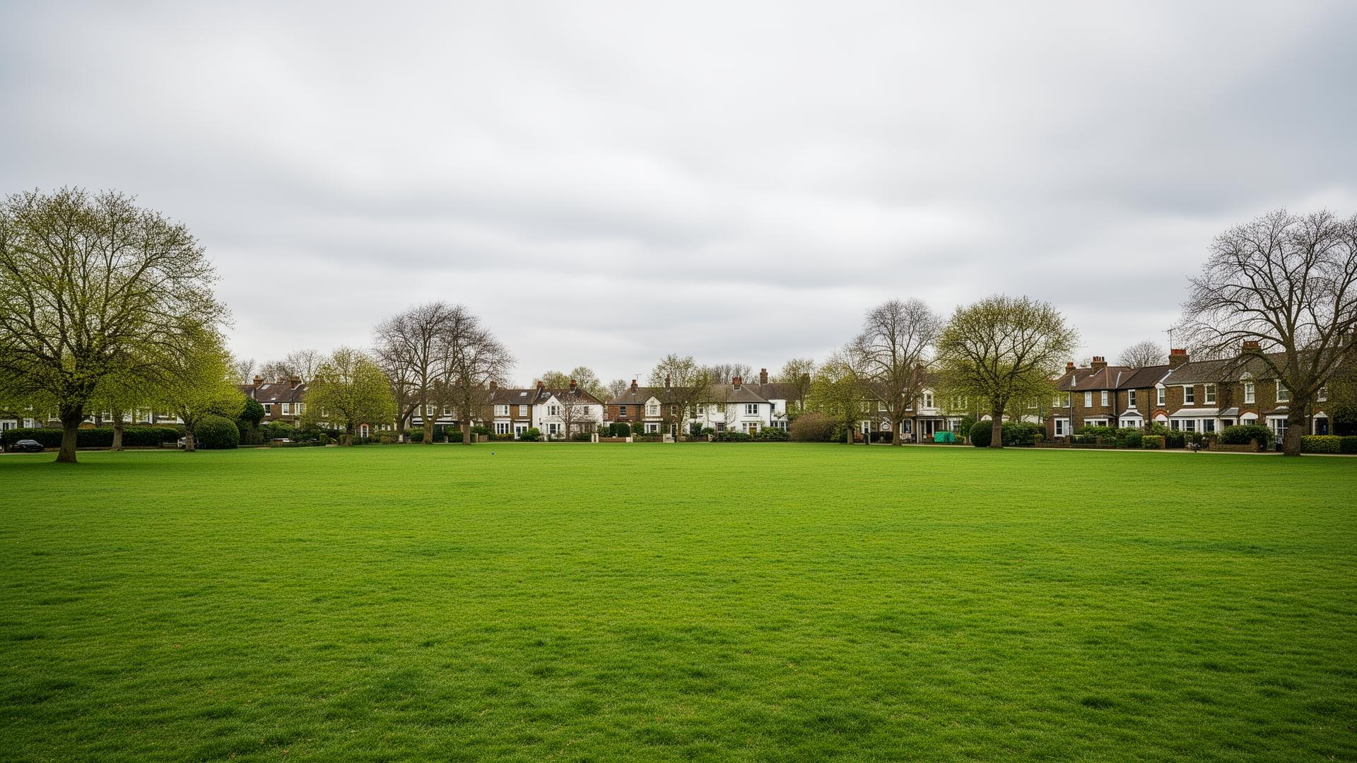 Mitcham Common green open space with residential houses in background, South London