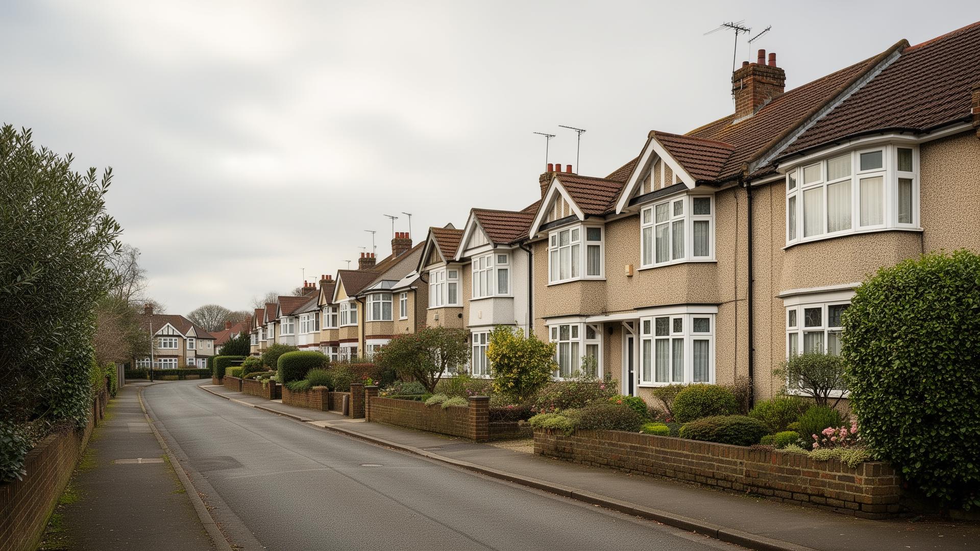Suburban residential street with 1930s semi-detached houses and neat front gardens in Orpington, Kent