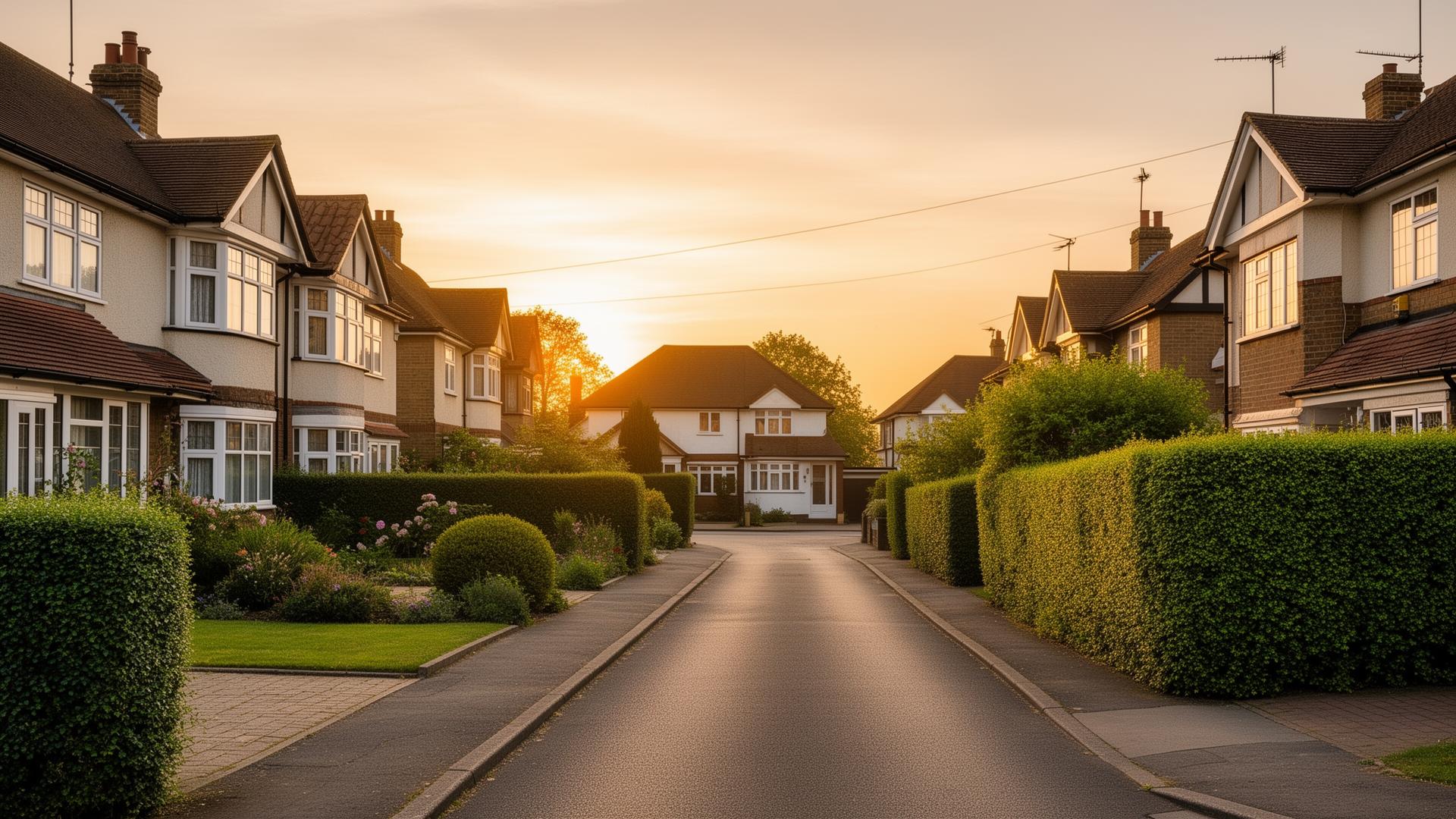 Quiet suburban street with inter-war homes and manicured gardens in Sutton, Surrey