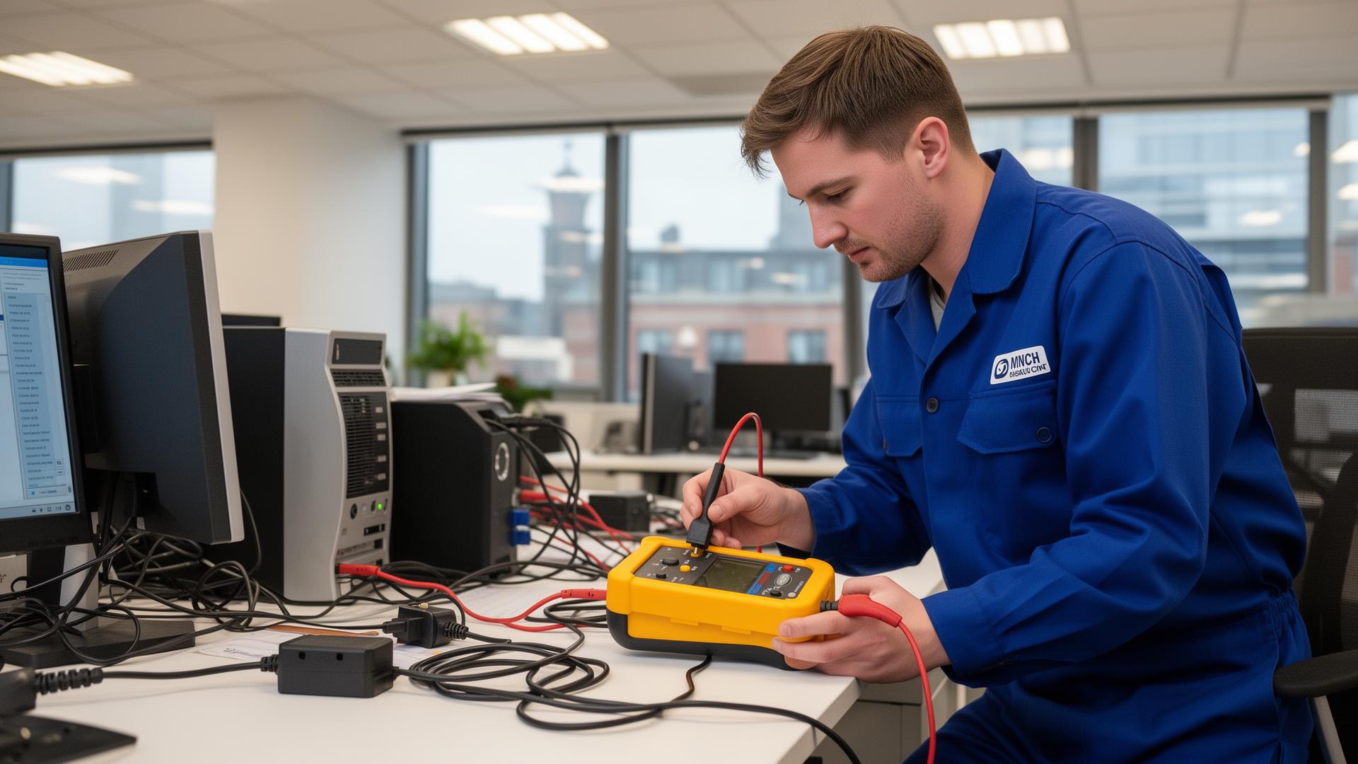 Professional PAT testing of office electrical equipment with portable appliance tester